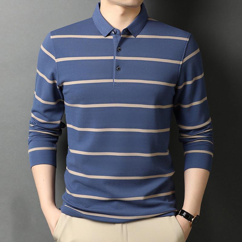 Spring and Autumn New Long Sleeved T-shirt Men's Lapel Polo Shirt Striped Casual Business Versatile T-shirt Top