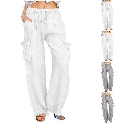 Damen Elastische Hose mit Hohem Bund Lässige Passform Weites Bein Lange Hose Hose mit Taschen