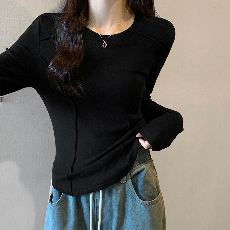 Women Spring Autumn Long Sleeve O Neck  Solid Color Slim Fit Pullover T Shirt Blouse Top