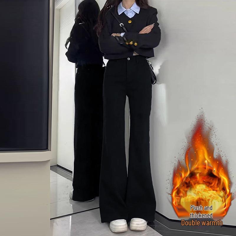 Women's High-Waist Black Micro-Flare Non-Stick Jeans - Plus Size, Wide Leg, Floor-Length, Autumn Collection