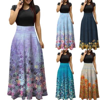 Summer Dresses For Women 2023 Fashion Casual Floral Print Round Neck Short-Sleeved Large Size Maxi Dresses