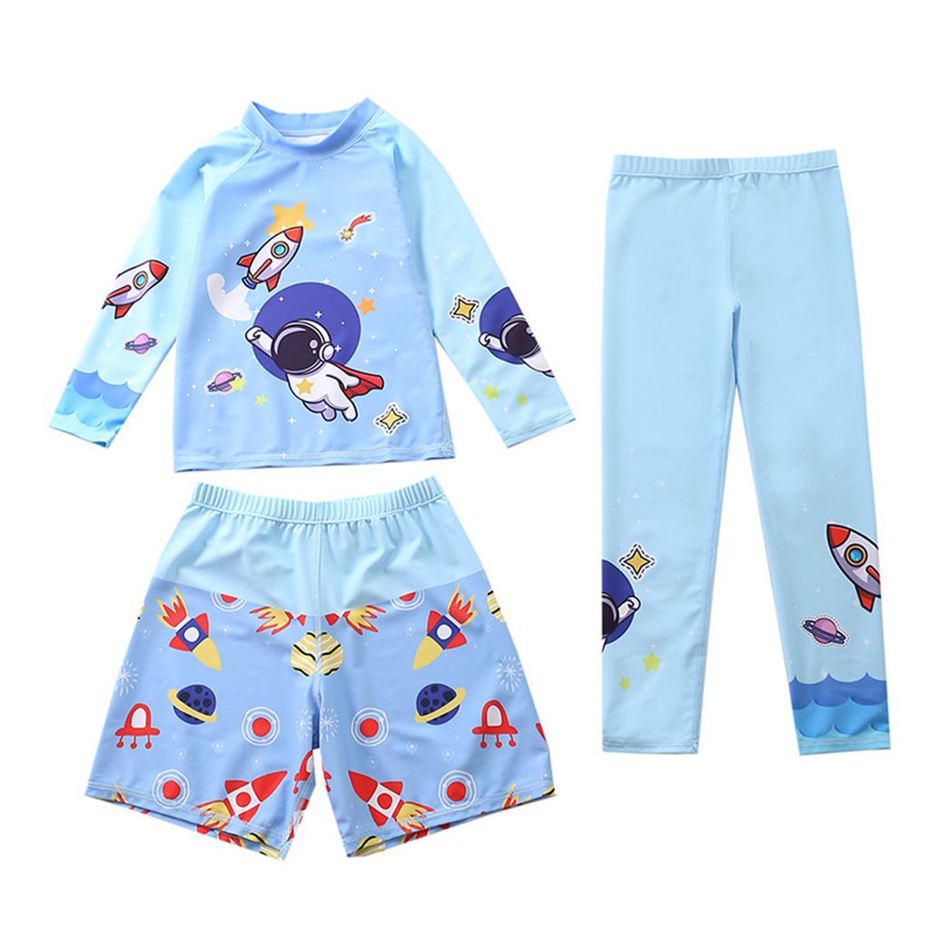 Boys Summer Three-Piece Swimsuit Set Short Sleeve Rash Guard Swim Shirt Swim Shorts Swim Cap Astronaut Print Sun Protection Swimwear