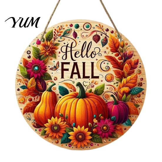 Autumn Theme Hanging Decoration Harvest Festival Welcome Sign for Front Door, Rustic Wooden Wheat Ear Ornament with Hemp Rope, Pumpkin Plaque