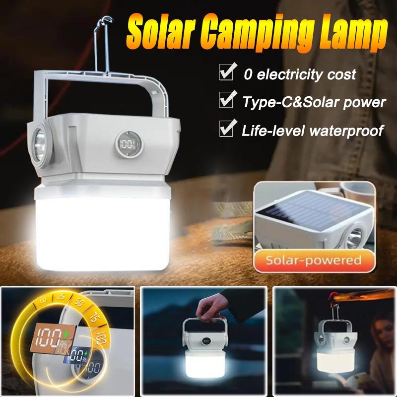 LED Camping Lantern Waterproof Solar Lights Foldable Fishing Flashlight Outdoor Lamp Tool For Hiking Backpacking Power Outages