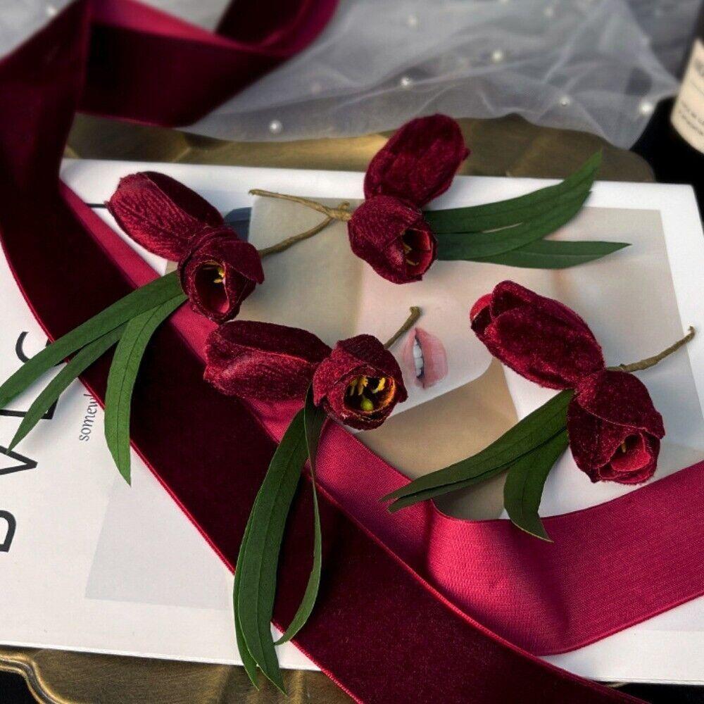 Fashion Ribbon Brides Hairband Elegant Red Flower Hairpins Handmade Tulip Headdress Wedding