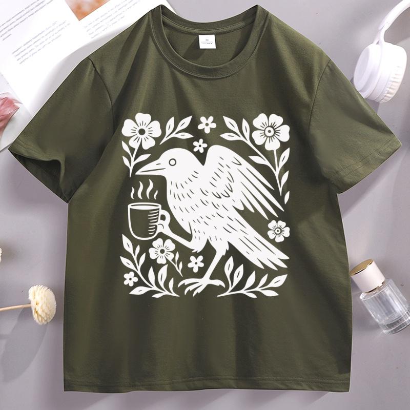 Boho Crow TShirt Bird Coffee Lover Tshirt Casual Short Sleeve Unisexs Unisexs Comforttable T Shirt Round Neck Streetwear Clothes