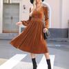 Autumn Winter Fashion V-neck Long Sleeved Dress New Solid Color Outer Wear Women Elegant Commuter Pleated High-waisted A-line Female Office Clothing
