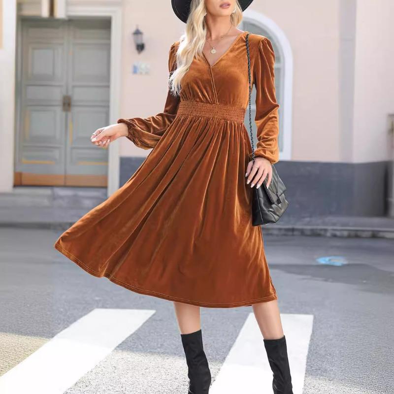Autumn Winter Fashion V-neck Long Sleeved Dress New Solid Color Outer Wear Women Elegant Commuter Pleated High-waisted A-line Female Office Clothing