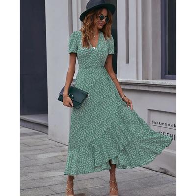 Summer Woman's Dress Small Floral V-neck Cardigan Straps Short Sleeve Bohemian Big Swing Vacation Dress