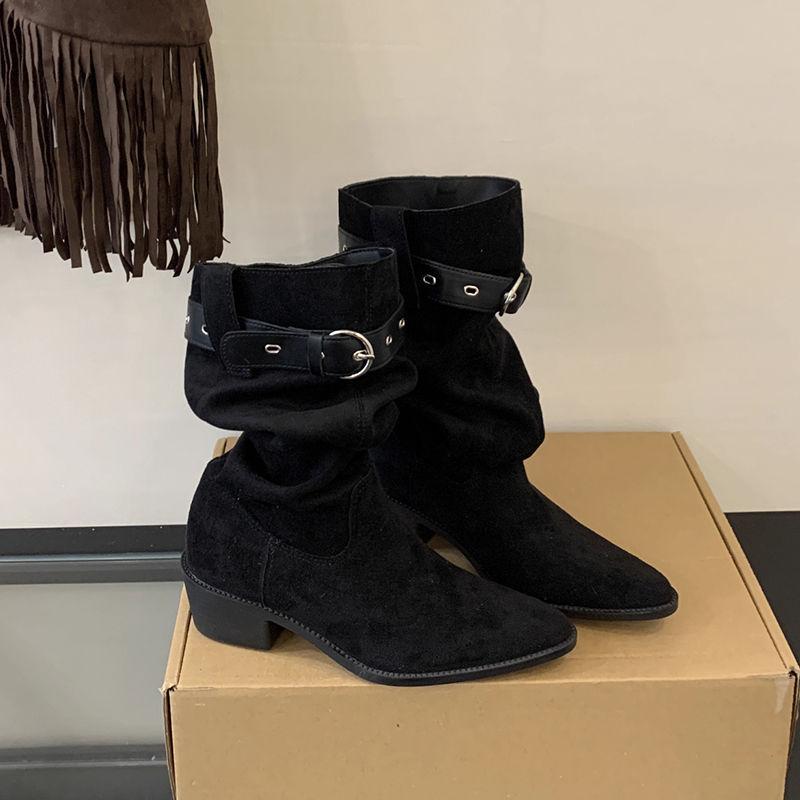 Thick Heel Pointed Head High Pleated Tube Stacking Boots Women's New Autumn and Winter Western Cowboy Medium Tube Knight Boots