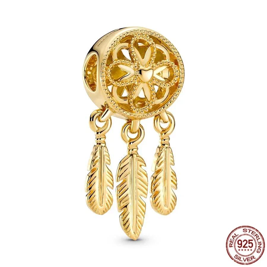 925 Silver Gold Heart Charms Beads Sparkling MapleLeaf Pendant For Women Bracelet DIY Jewelry Gift