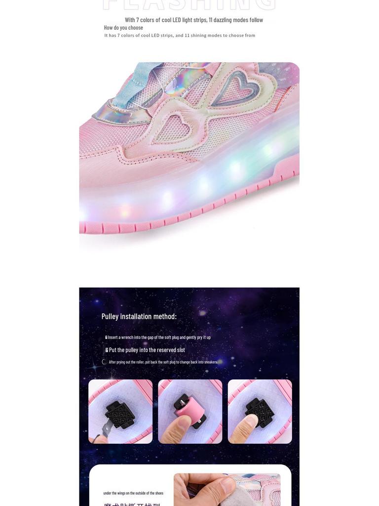 2024 Girls' LED Leather Roller Shoes: Double-Wheel, Removable, Children’s Skating Sneakers
