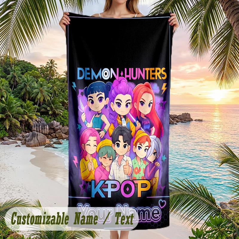 Beach Towel Kpop Demon Hunters Print Custom Name Text Soft Towel for Swimming Pool