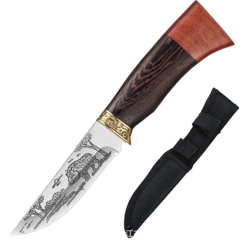 Kitchen Knife Set Beautifully Corroded Pattern Double Solid Wood Splice Copper Head Handle High Hardness Steel Carving Knife