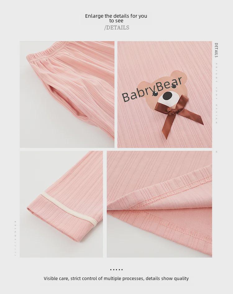 Women's Cotton V-Neck Pajama Set - Long Sleeve, Solid Color, Bear Print, Loose Fit, Spring/Autumn