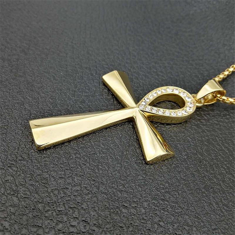 Egypt Iced Out Bling Ankh Cross Pendant Necklace Women Men Key of Life Gold Color Stainless Steel Rhinestones Egyptian Jewelry