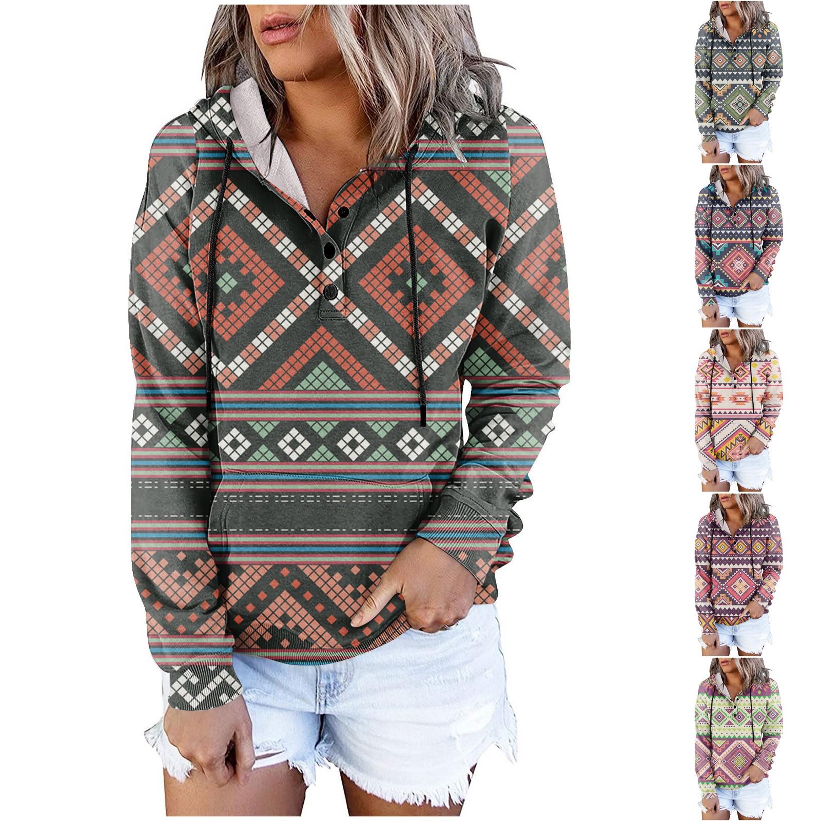 

Женский повседневный модный пуловер с длинными рукавами и капюшоном с этническим принтом 2022 года