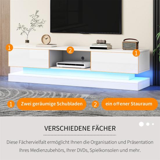 TV Media Cabinet, White High-Gloss TV Cabinet with LED Light, 2 Drawers, App Control, Anti-Tilt Design, for 60-Inch TV