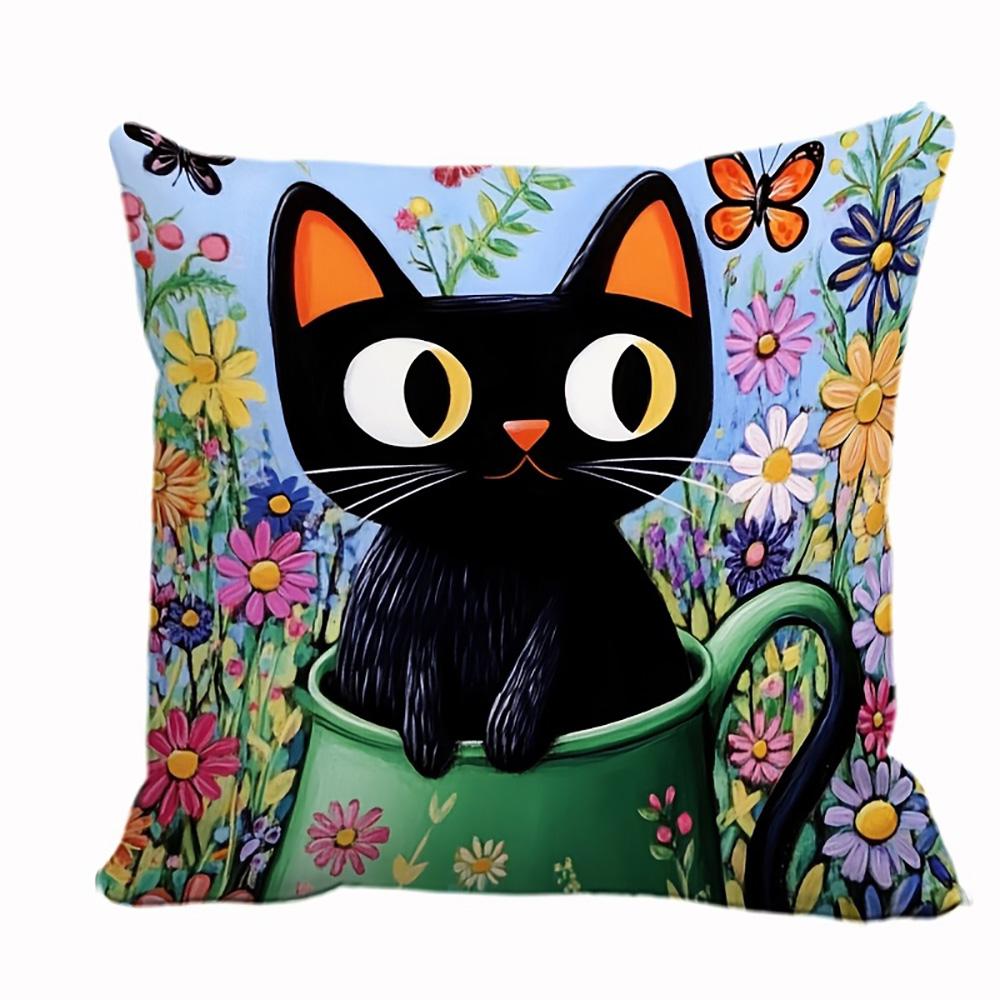 1/4pcs Black Cat Themed Floral Print Pillowcases Sofa cushion cover home bedroom room decoration