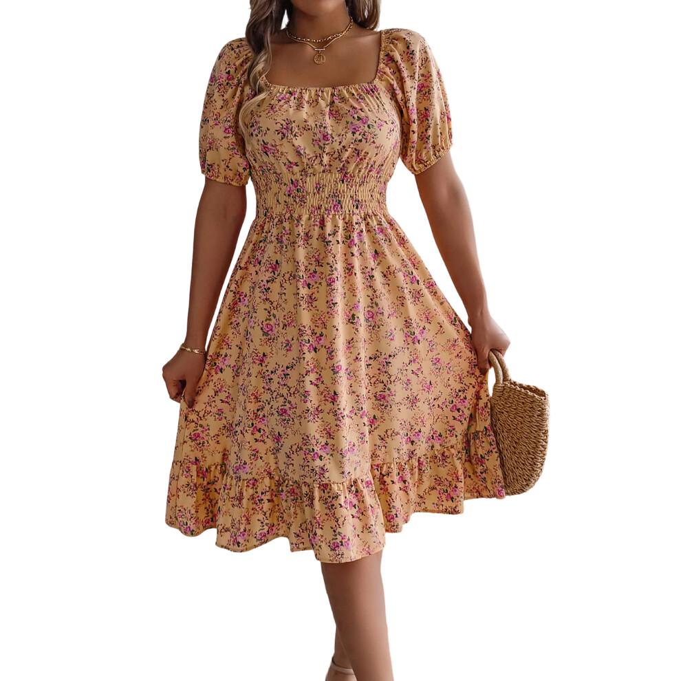 Women's Bohemian Square Neck Puff Sleeve Short-Yellow XL