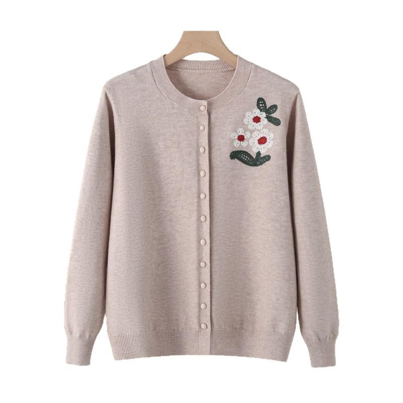 2026 Spring Embroidered Knit Sweater for Middle-aged & Elderly Women - Soft, Loose Button-up Top