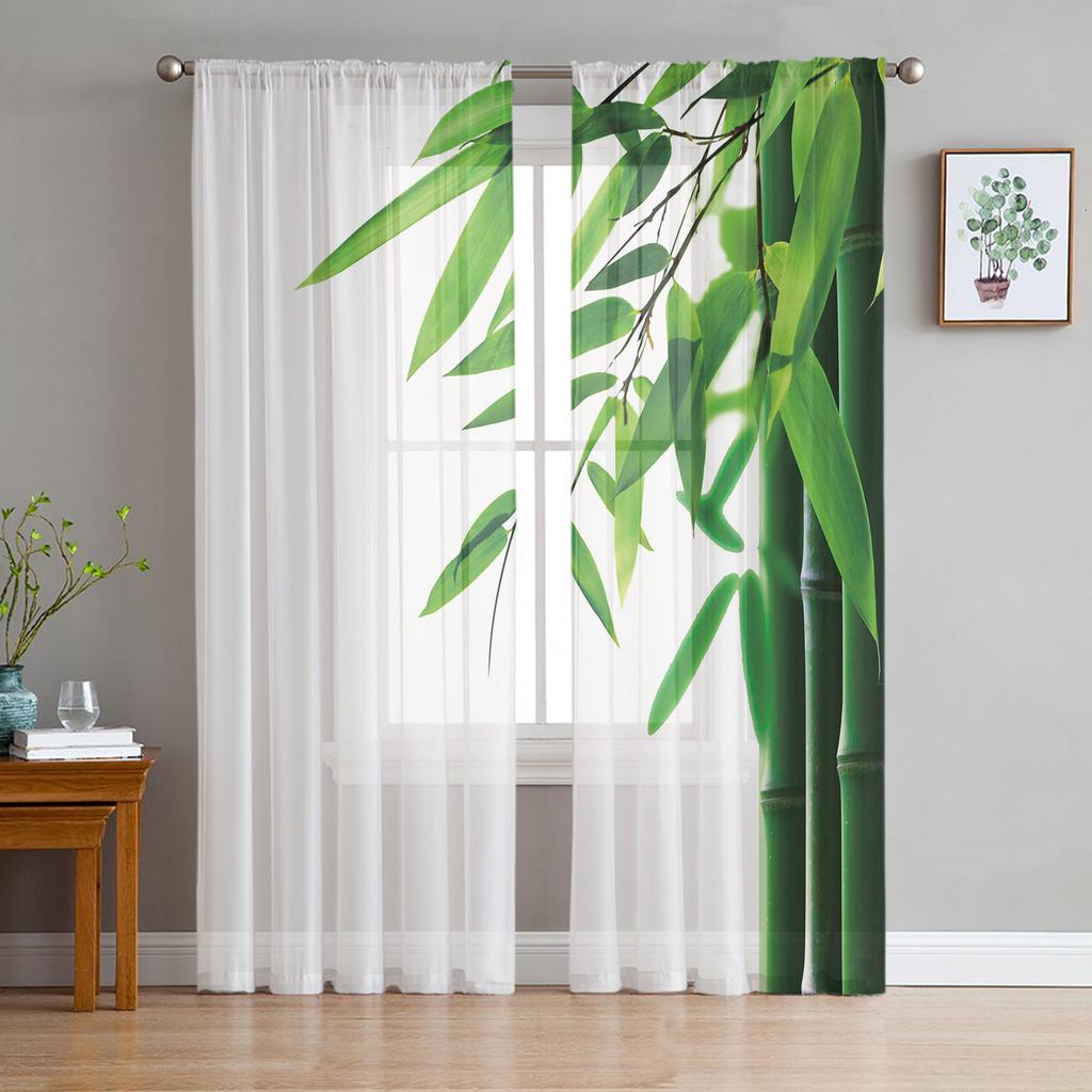 Bamboo Tree Green Plant Sheer Curtains for Living Room Transparent Tulle Window Curtain Bedroom Kitchen Home Decor Veil Drapes