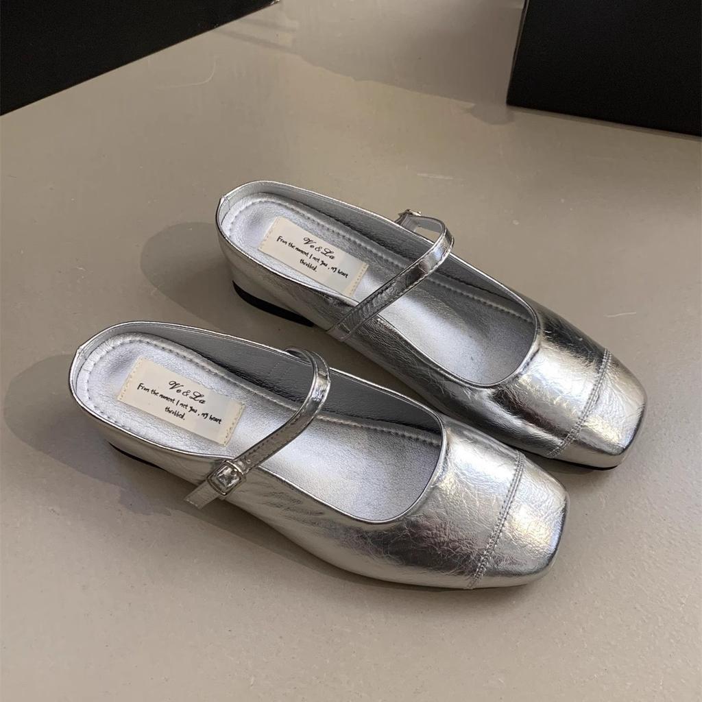 Inner heightening bag head half slippers women's outer wear summer French platform sandals fairy temperament Mary Jane silver shoes