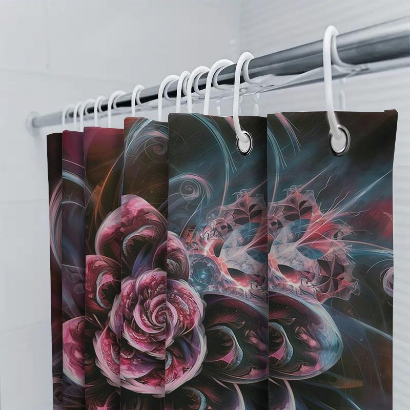 Luxury Floral Printed Shower Curtain Black Pink Blue Swirl Pattern Decorative Water Repellent Polyester Bath Rug Liner Set For B