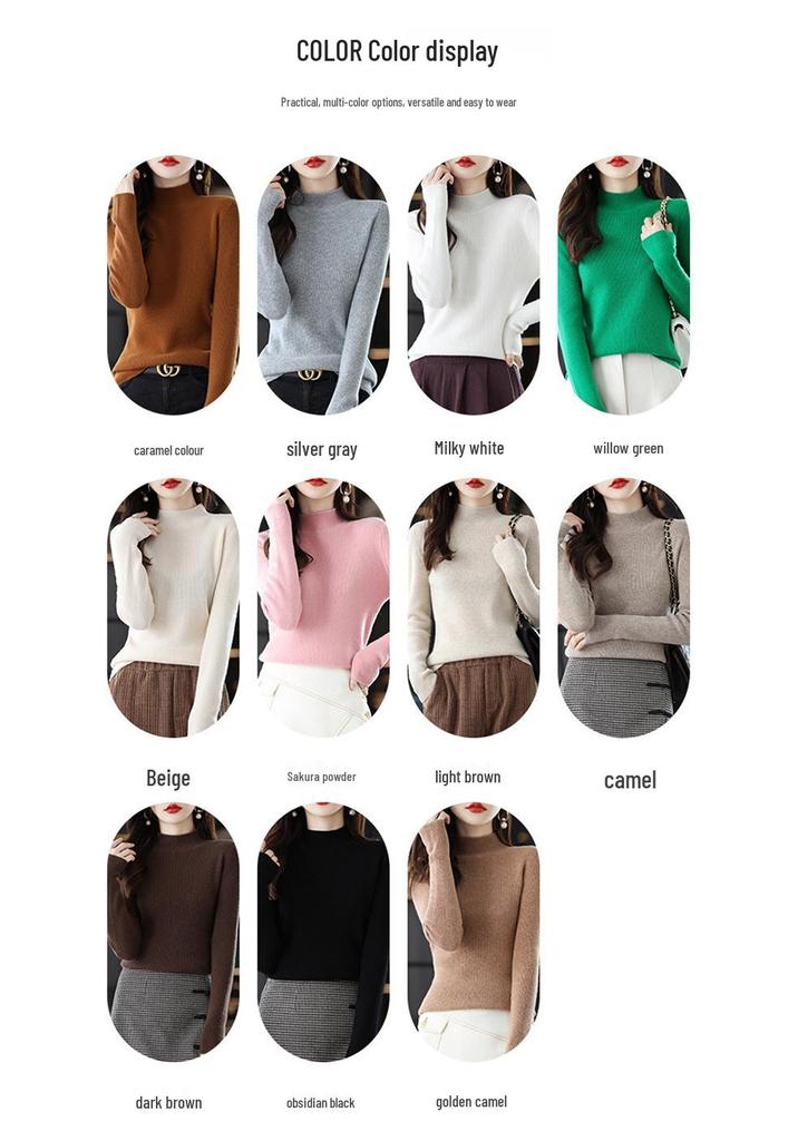 2023 Women's High Neck Pure Wool Knit Sweater - Autumn/Winter Base Layer