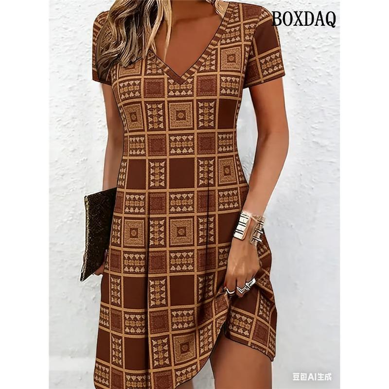 

Ethnic Style Women Dress V-Neck Print S