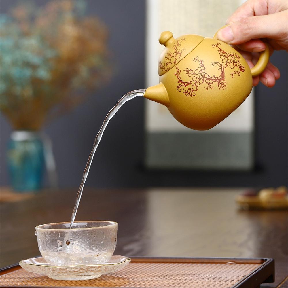 Yixing Handmade Purple Clay Teapot - Golden Duan Plum Blossom Dragon Egg Set for Gongfu Tea Brewing