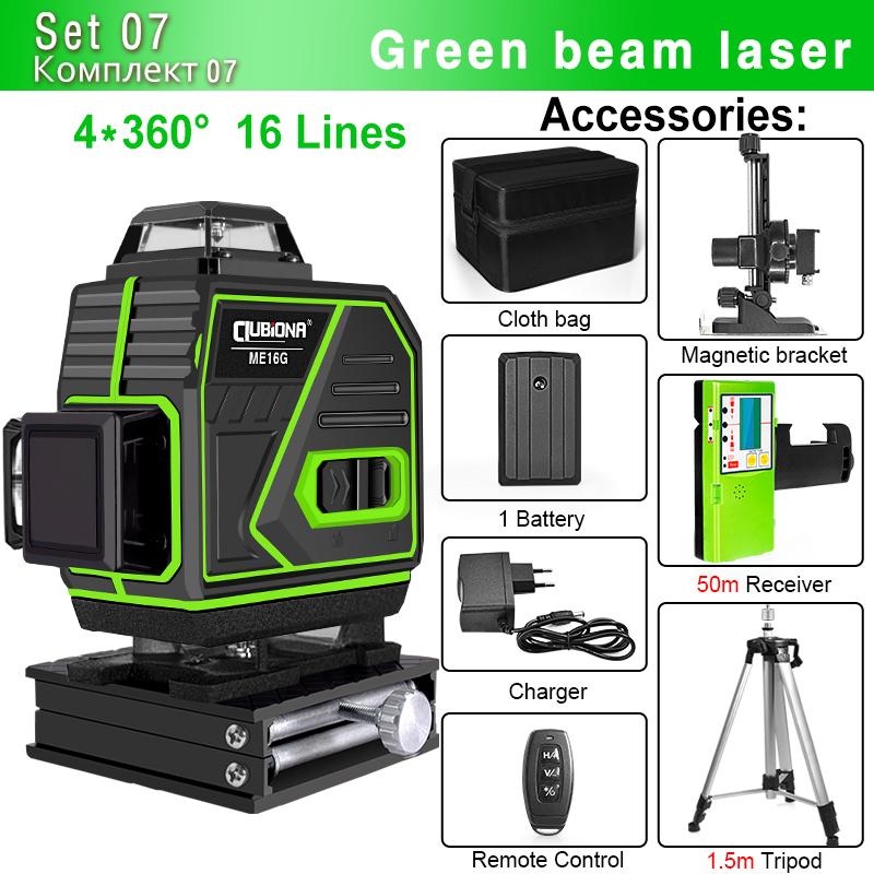 CLUBIONA 4D 16 Linien Laser Level 1PC oder 2PC Li-Ion Batterie Remote Pulse Mode Empfänger Super leistungsstarker grüner Strahl Professioneller Laser
