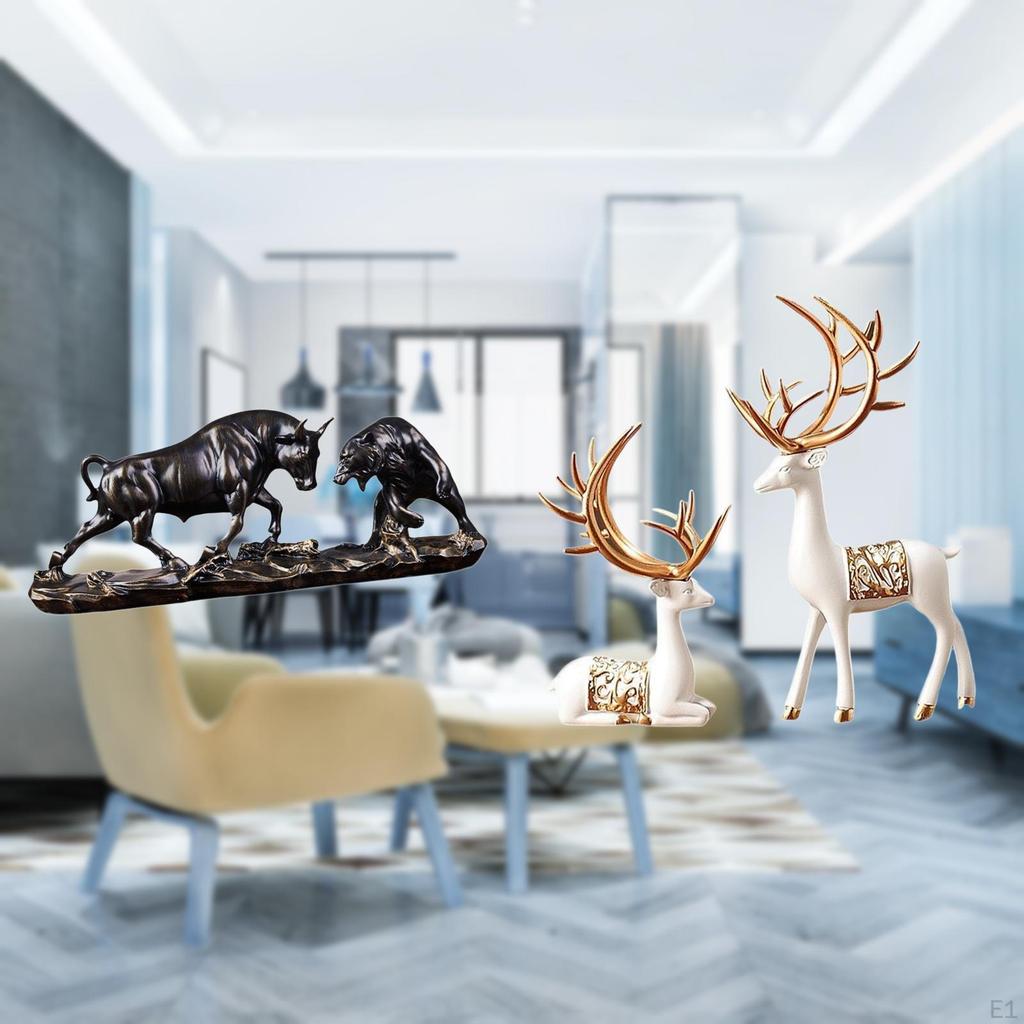 2x European Reindeer Statues And Chinese Bull Figurine Modern Artwork Animal Sculpture Collectable