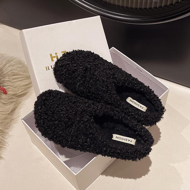 Korejská verze ležérních nadýchaných pantoflí dámské 2025 nové zimní nošení s plochou podrážkou líné Muller boty s fleecovou hlavou a poloviční nazouvací