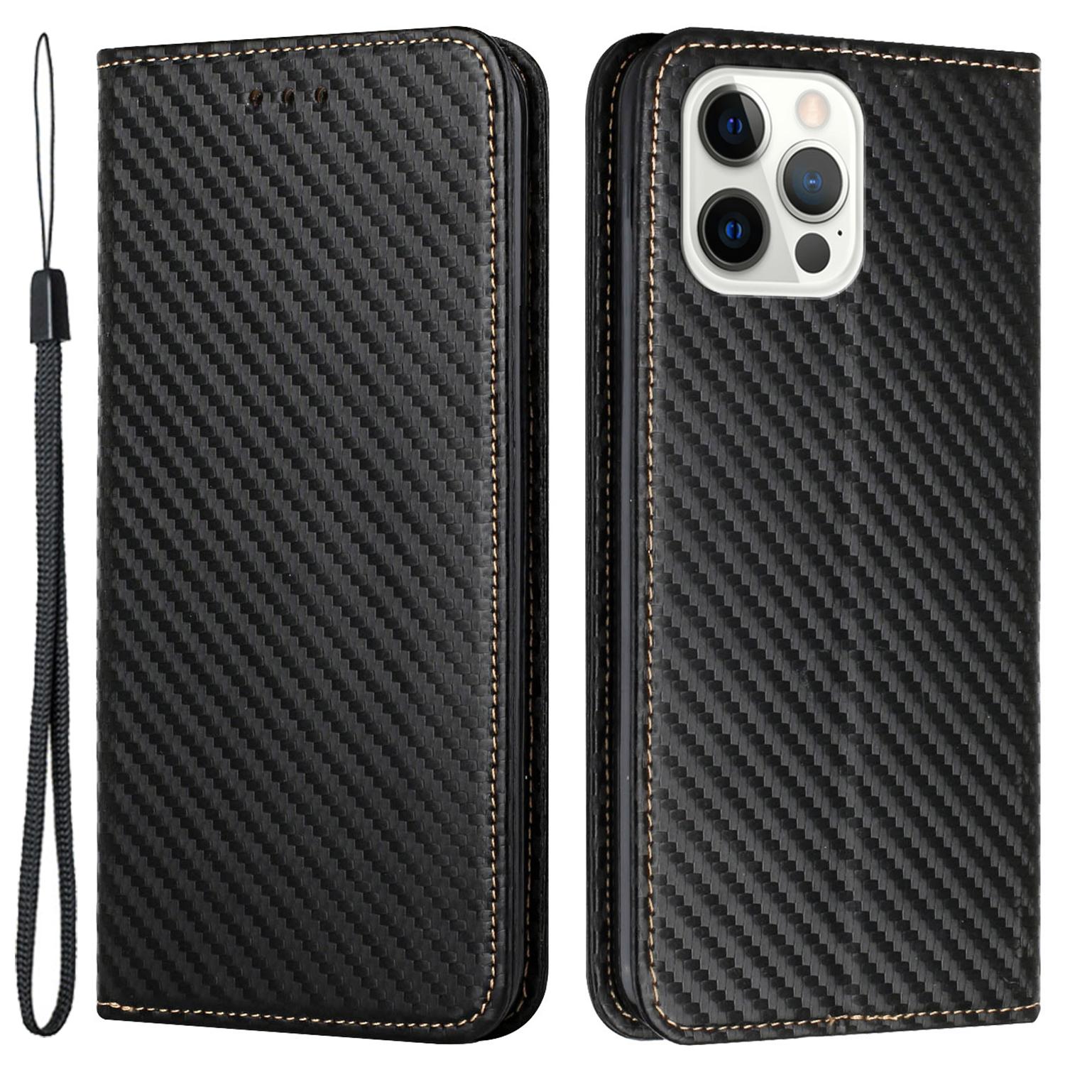 

For iPhone 15 Pro Max Carbon Fiber Texture PU Leather+TPU Wallet Case Foldable Stand Phone Cover Black