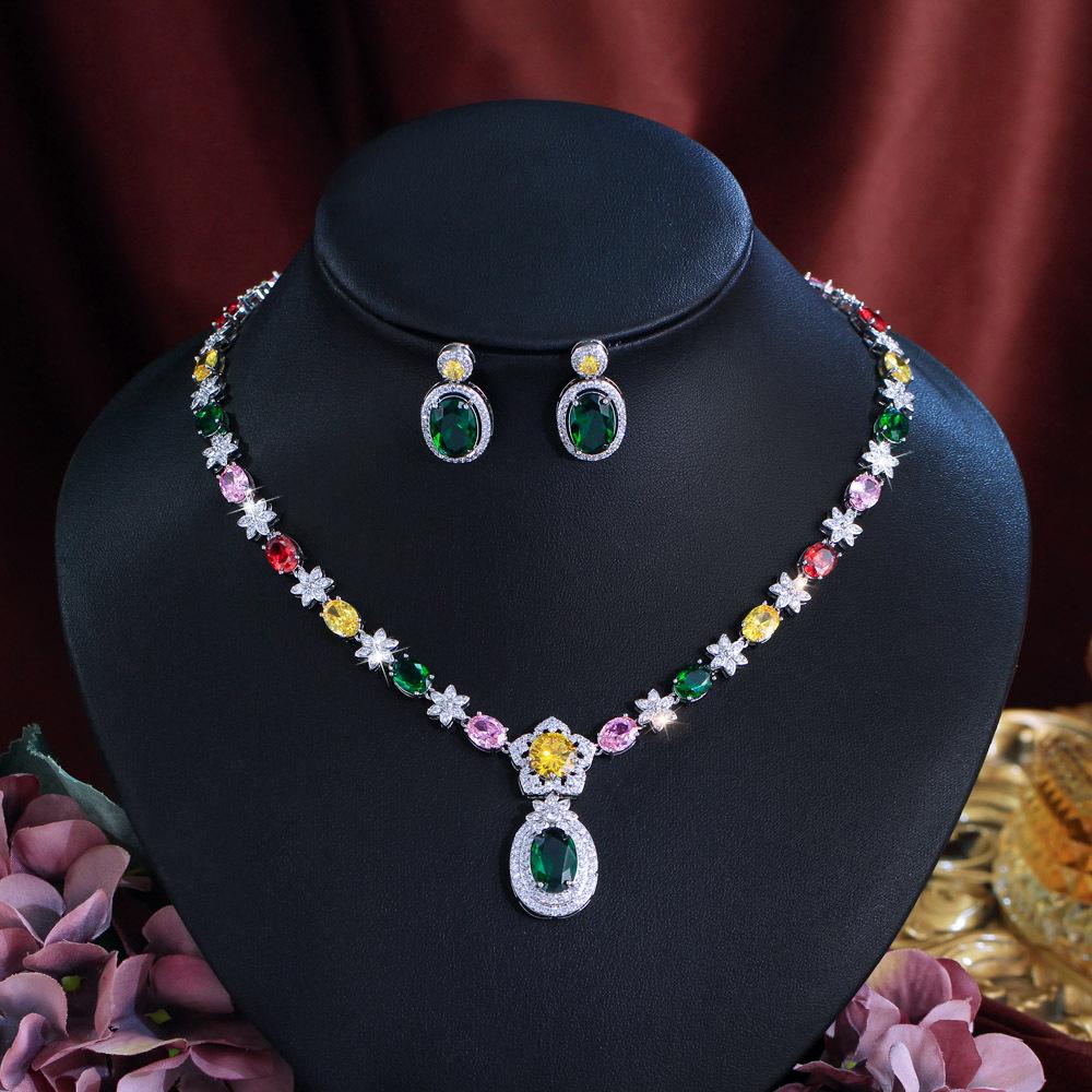 

Colorful Zircon Necklace Earrings Set Chain Dinner Dress Bridal Jewelry Set