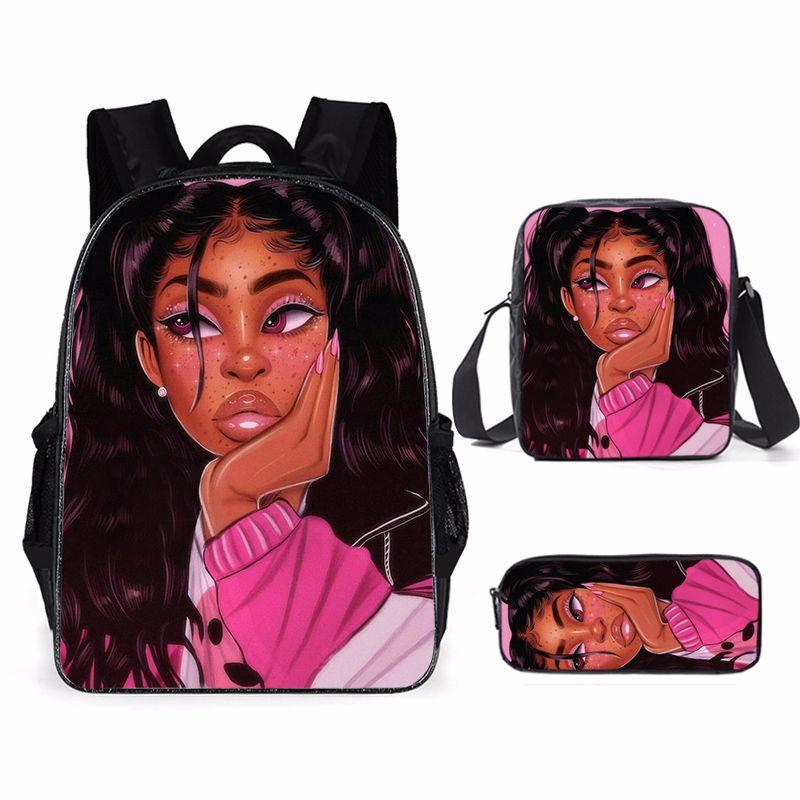 Cartoon African Girl Schoolbag, Primary And Secondary School Backpack, Backpack Three-Piece Set