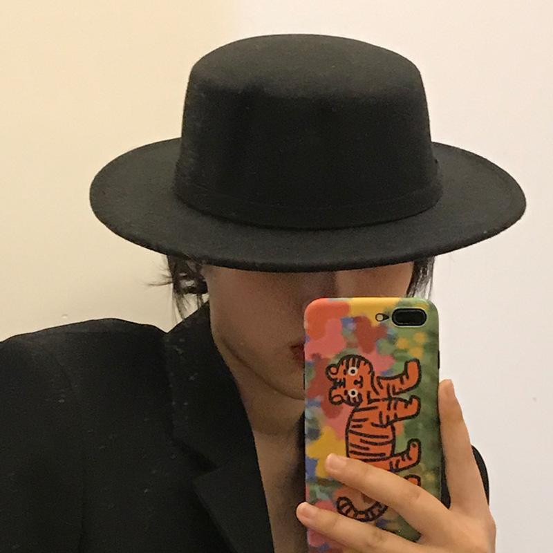 Special For Flat-Top Woolen Top Hat, Large Brim, Versatile Foreign Trade Felt Hat, Women'S French Retro Versatile