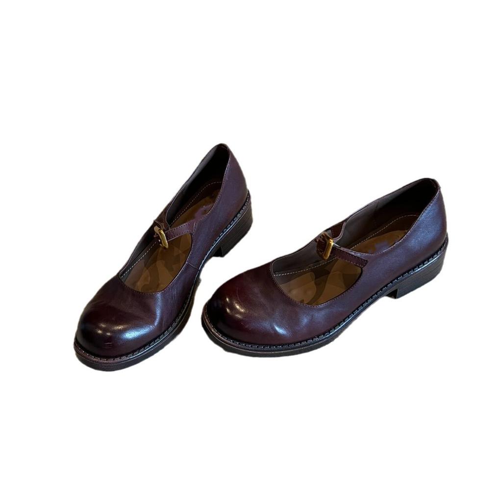 Weiches Schafsleder~ Retro britischer Stil kleine Lederschuhe für Damen Herbst neu dicker Absatz runde Spitze mit leichtem Ausschnitt Mary Jane einzelne Schuhe