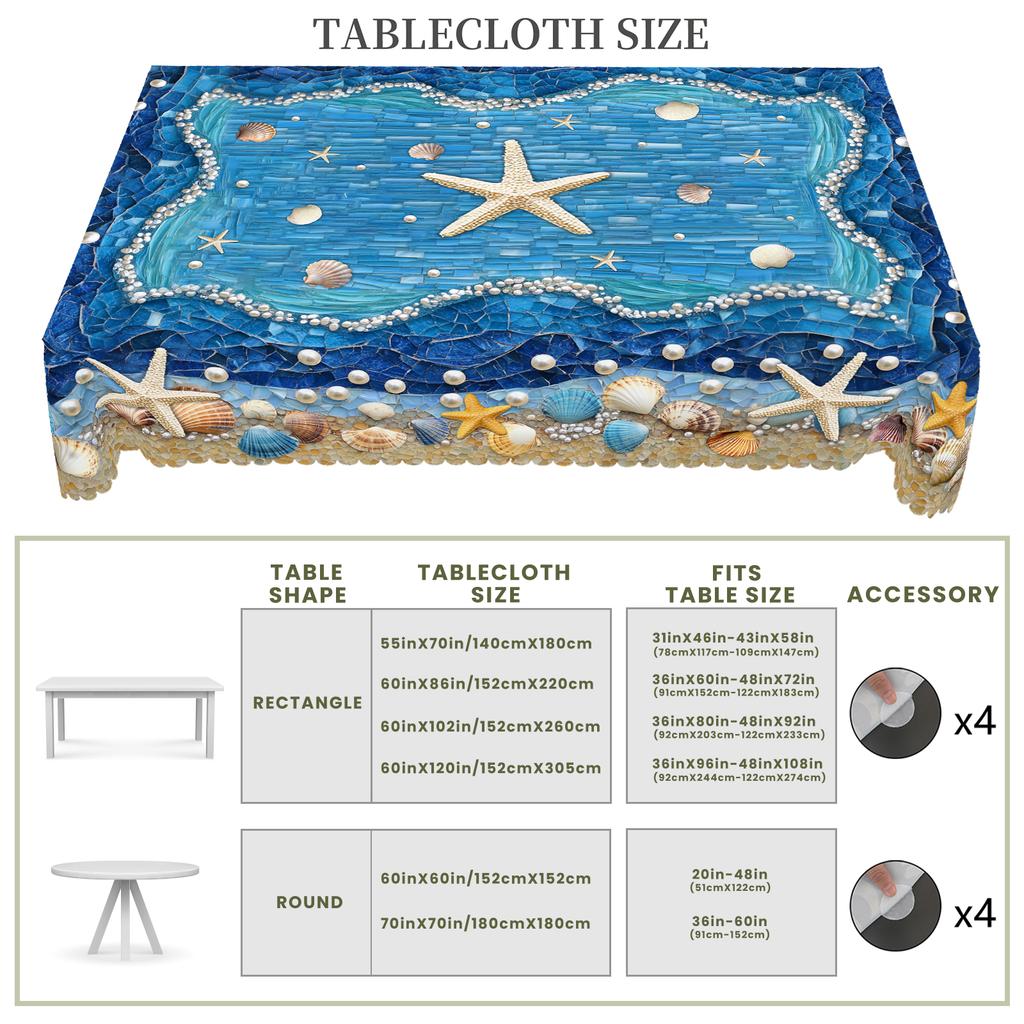 1 kus letního modrého tištěného ubrusu s motivem oceánu, selský styl, oceán, mušle, perlový vzor, vhodný pro jarní a letní kempingový styl
