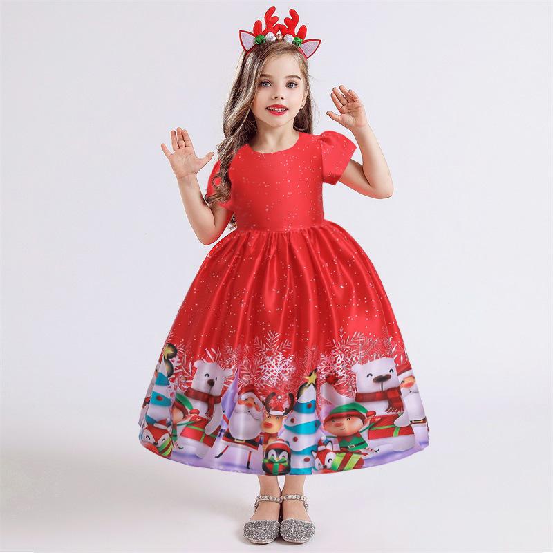 Vestido de Piano de Cetim de Desenho Animado de Natal Europeu e Americano para Meninas