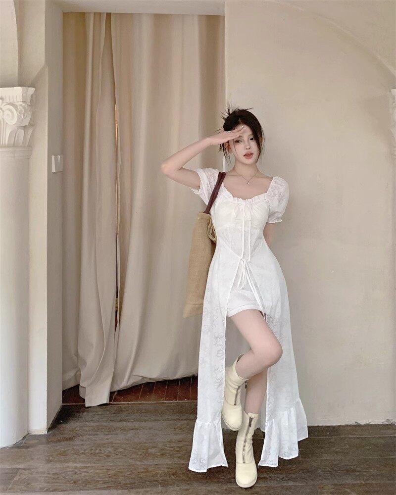 Summer bubble sleeve ruffle edge long dress short sleeve skirt ballet square neck straps white dress women