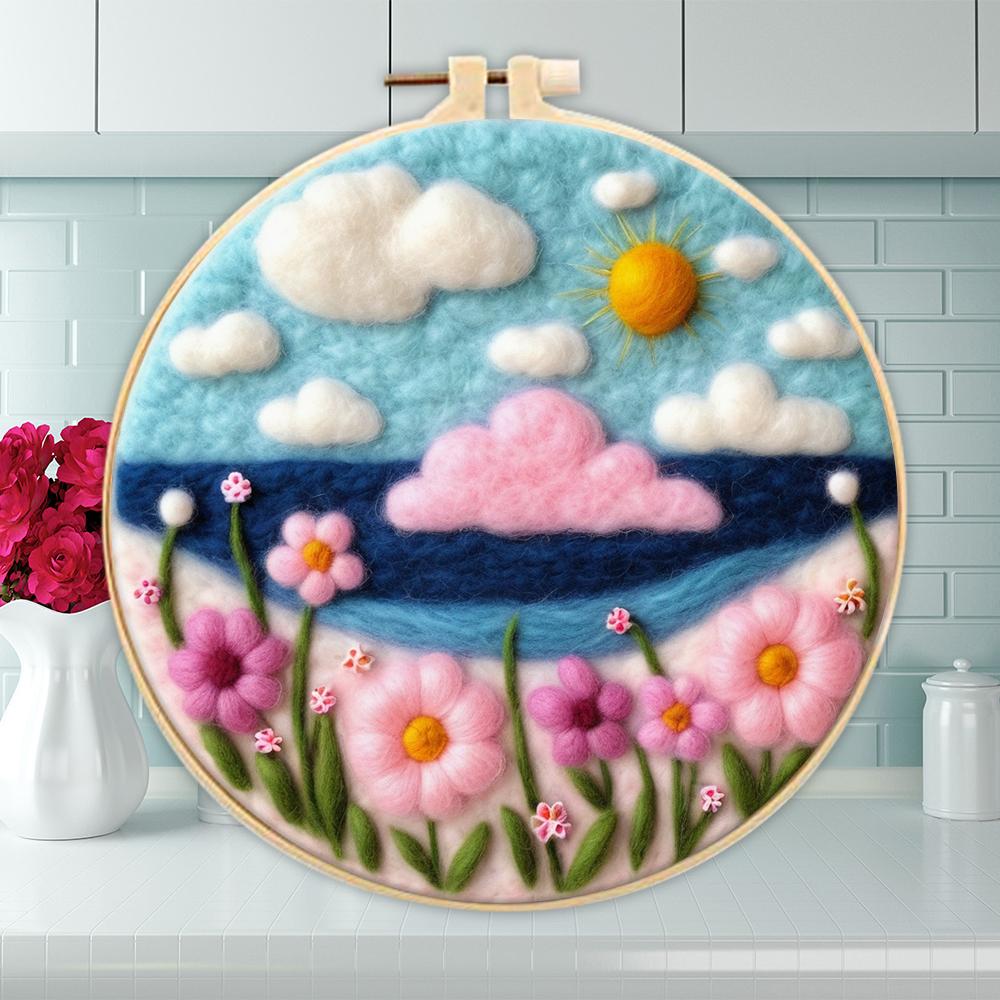 CHENISTORY 20x20cm Frame With Wool Felting Painting Kit Landscape Funny Diy Felt Crafts Package Felt Needle For Home Decoration