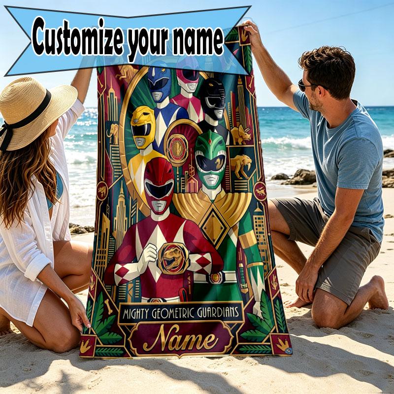 Custom Name Personalized Power Rangers Print Beach Towel, for Trip Camping Beach Party Home Decor, Birthday Gift for Family & Friends