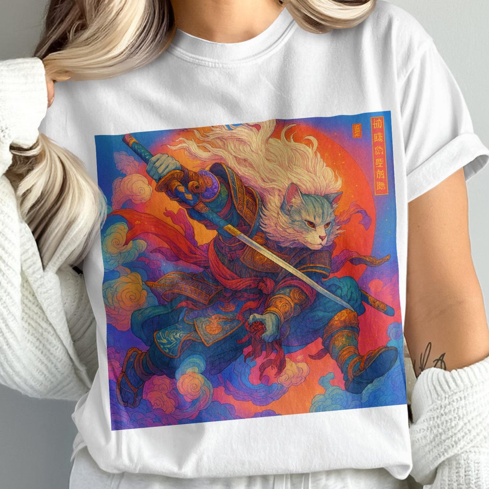 Samurai Warrior Cat Shirt | Japanese Katana Cat Tee | Fierce Edo Style Battle Cat Art Gift for Cat Lover M