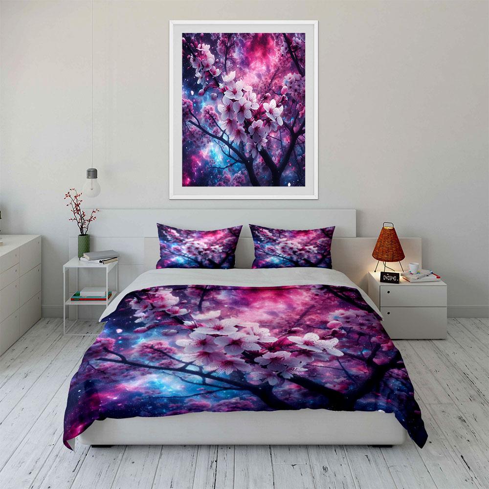 "Cherry Blossom Galaxy Art Set" Bedding Set with 1 Duvet Cover 2 Pillowcases Single Double King Queen, Gift