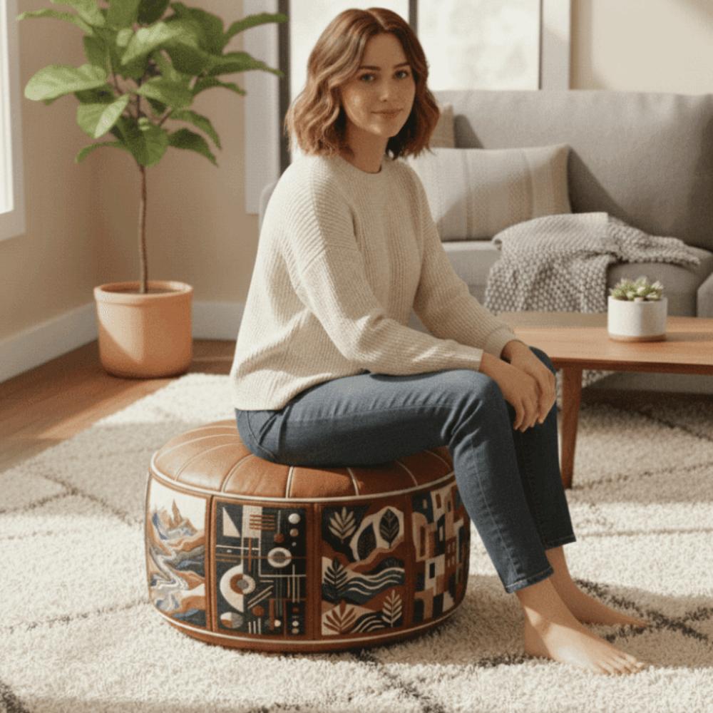 Unfilled Oil Painting Pattern Stool Cover PU Leather Floor Seat Cushion Home Decor