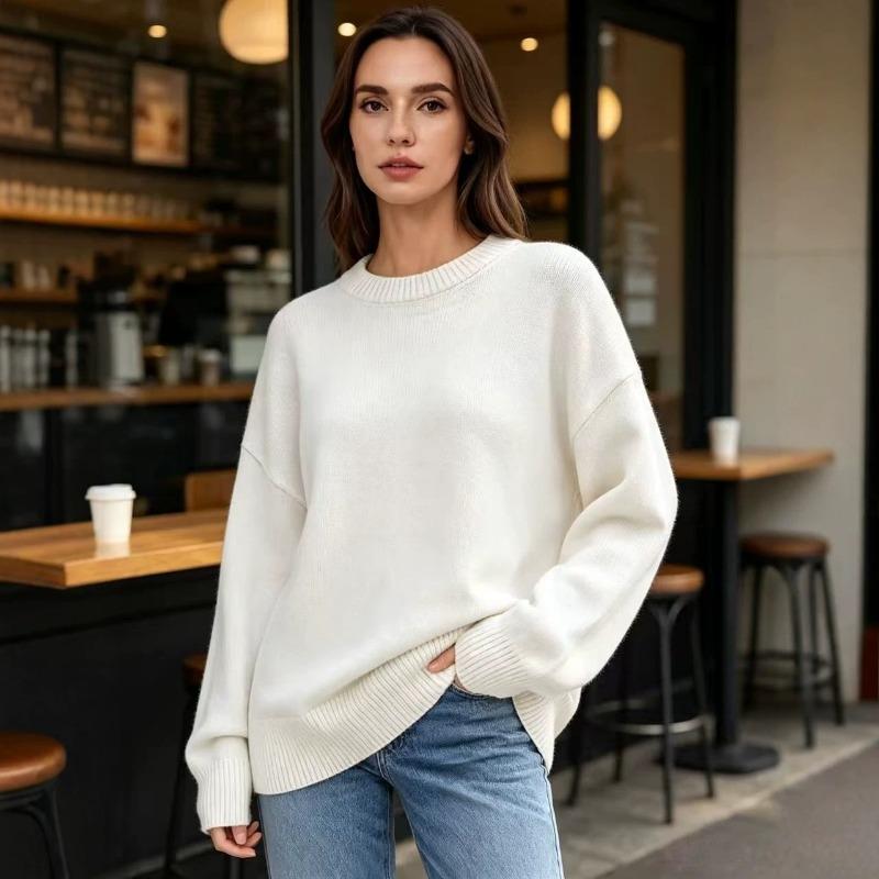 European and American Knitted Sweater Women's Loose Round Neck Solid Color Long Sleeve Thickened Large Size Autumn and Winter Casual Pullover