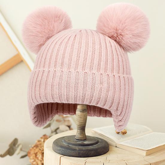Yousheng Kids Knitted Hat Dual Fur Ball Decor Ear Protection Warm Hat Solid Color Elastic Warm Windproof Hat Headwear