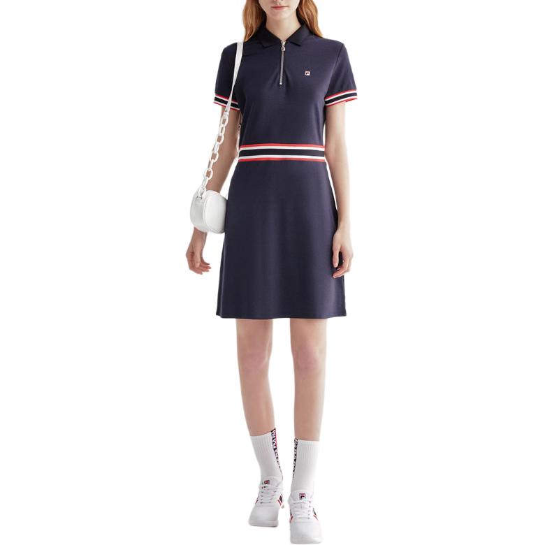Fila Sports Lifestyle Series Fashion Casual Polo Neck Loose Short Sleeve Dress Women Dresses Legendary-Blue F51W321310FNV